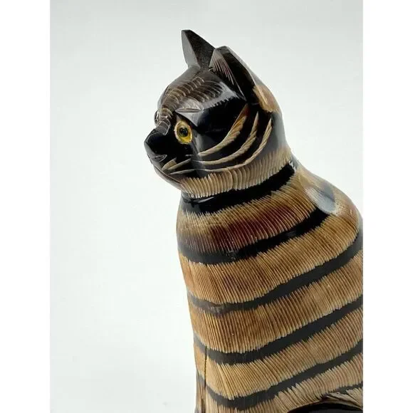 Carved Wooden Striped Cat Figurine Made in Thailand 7 in Tall Brown Black Unique - Picture 5 of 9